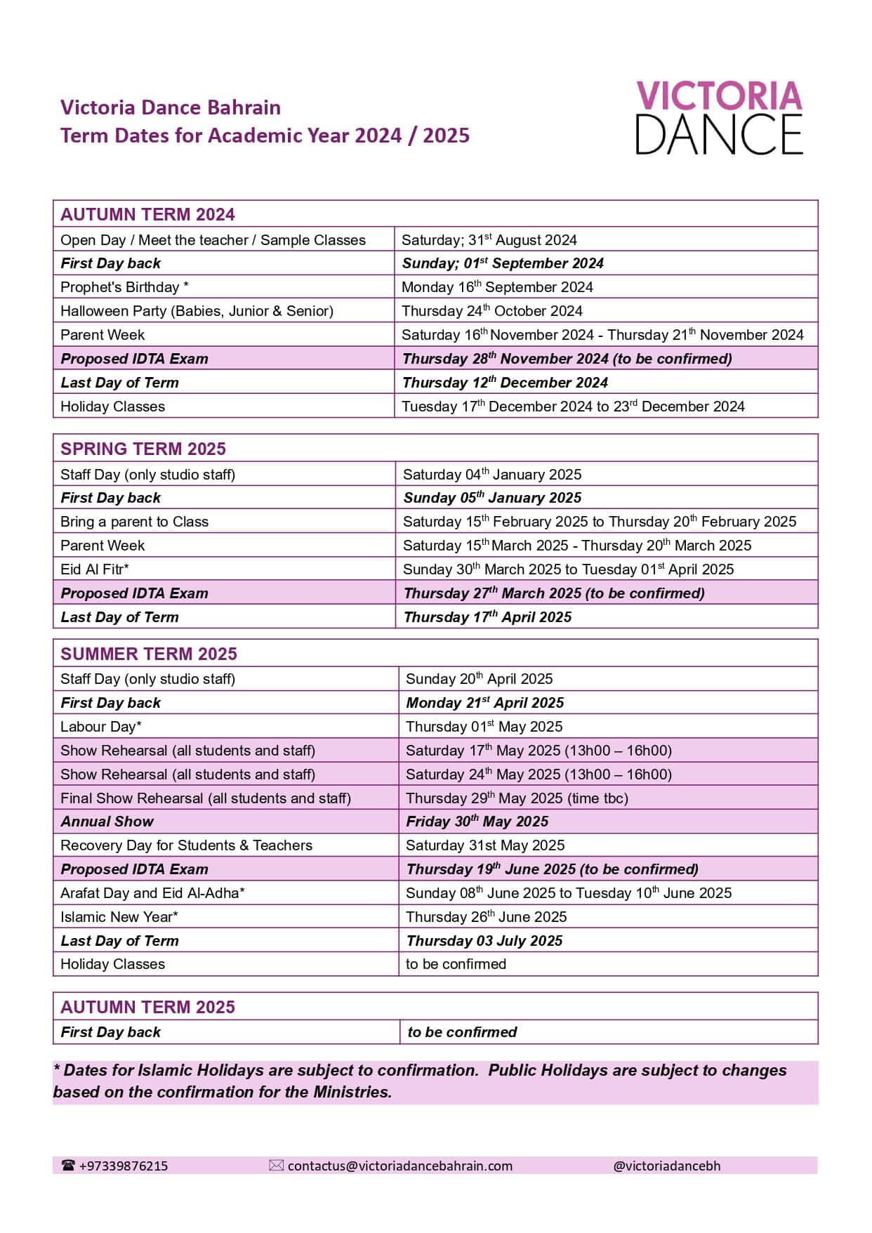 Term Dates for Academic Year 2024 / 2025 Victoria Dance Bahrain